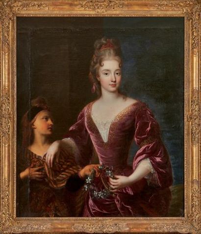 Francois De Troy (1645-1730) Portrait de femme à la robe rouge et la couronne de...