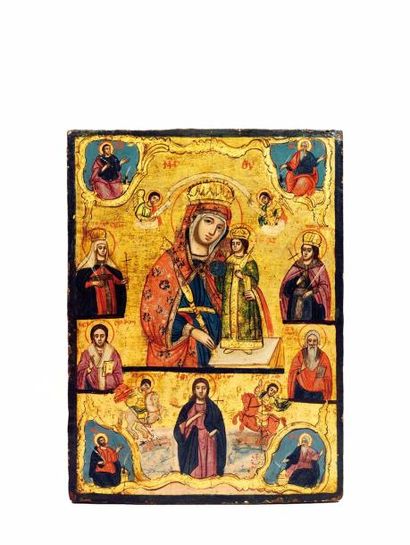 null Icône d'origine roumaine circa 1800 représentant la Vierge de la Passion entourée...