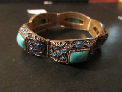 null Bracelet articulé en vermeil à décor ajouré, émaillé et turquoise, pds brut...