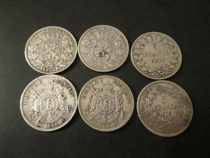 null Quatre pièces en argent de 5 FF 1845, 1868 (2), 1875

Deux pièces en argent...