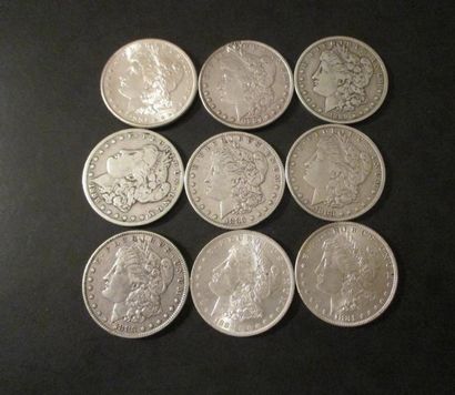 null 9 pièces de one Morgan dollar 1881(2), 1883 (3), 1884 (2: une abimée), 1888,...