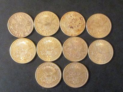 null Dix pièces de 20 dollars en or 1873(3), 1875(3), 1877(3), 1880