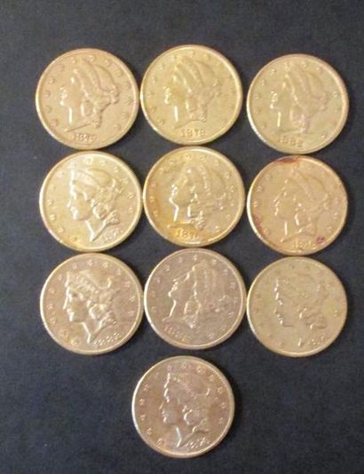 null Dix pièces de 20 dollars en or 1876(5), 1879(2), 1882(3)