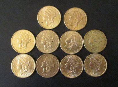 null Dix pièces de 20 dollars en or 1902, 1903(8), 1904