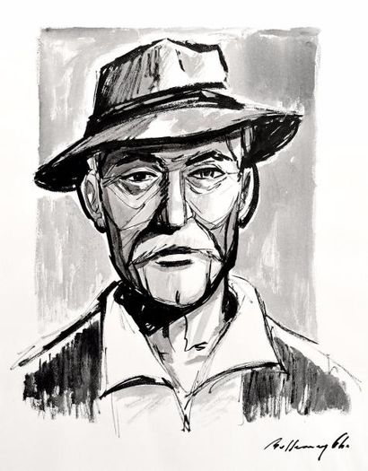 null Grande illustration " portrait de l'homme au chapeau " - 1964 - encre de chine...