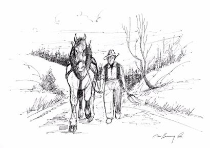 null Grande illustration " Paysan et son cheval "- 1966 - encre de chine à la plume...