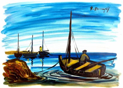 null Peinture " Marine aux trois pêcheurs " - 1967 - sur toile plastifiée - 52 x...