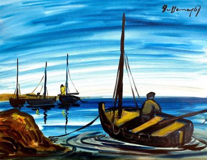 null Peinture " Marine aux trois pêcheurs " - 1967 - sur toile plastifiée - 52 x...