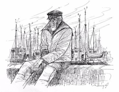 null Grande illustration " Marin au port "- 1967 - encre de chine à la plume - 65...