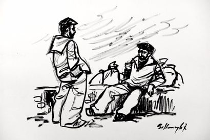 null Grande illustration de " Deux marins se parlant "- 1967 - encre de chine noire...
