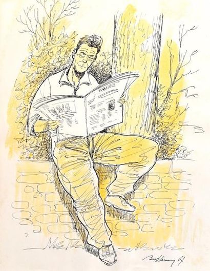 null Illustration - portrait d'un " Homme assis lisant le journal "- 1967 - encre...