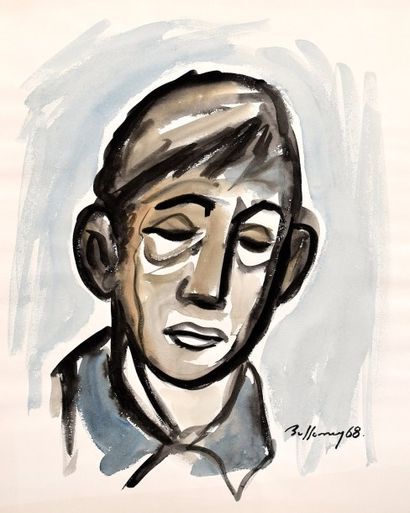 null Portrait d'un " l'homme aux yeux clos " - 1968 - aquarelle sur papier carton...