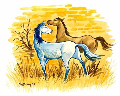 null Peinture " Deux chevaux dont un apaloosa " - 1968 - gouache sur papier carton...