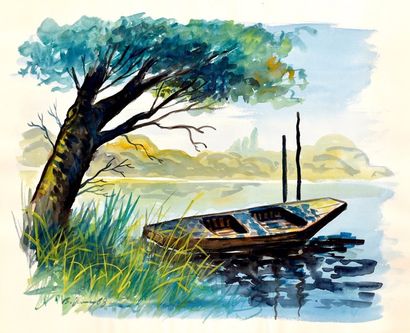 null Peinture " une barque en été " - 1968 - gouache sur papier carton - 54,5 x 45...