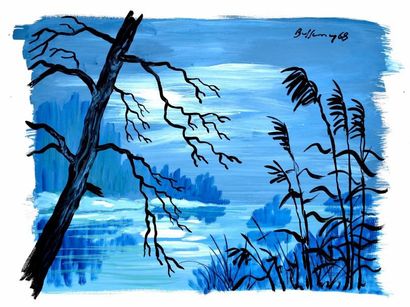 null Peinture " Nocturne au lac " - 1968 - gouache sur papier carton Canson Lavis...