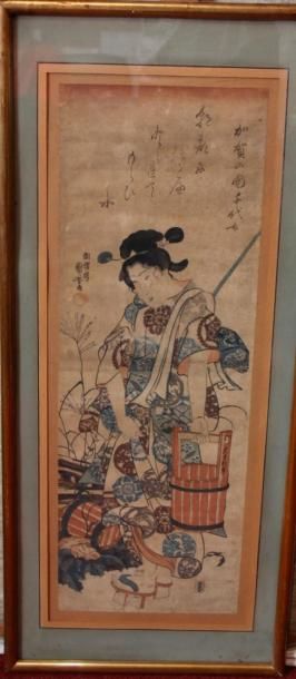 null Une estampe japonaise représentant une femme avec un seau d'eau, 39 x 91 cm