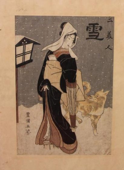 null Une estampe Japonnaise, "Femme dans un paysage de neige" 35.5 x 24 cm à vue