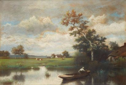 null Jules DUPRE (1811-1889) (attribué à)
Barque sur l'étang
Pastel, signé en bas...