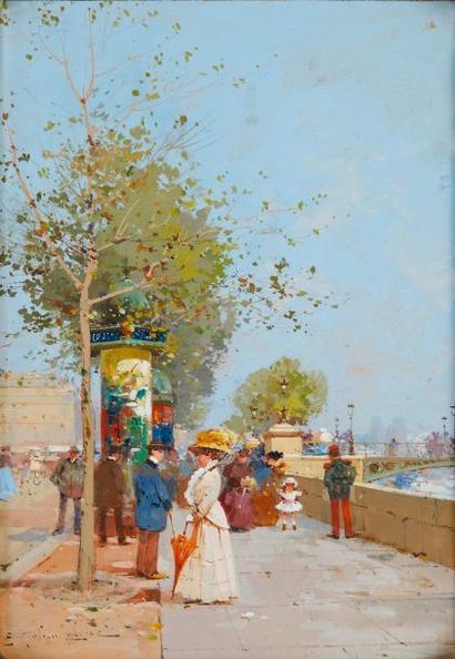 Eugène GALIEN-LALOUE (1854-1941) "Quai du Louvre au Pont des Arts" Gouache sur carton...