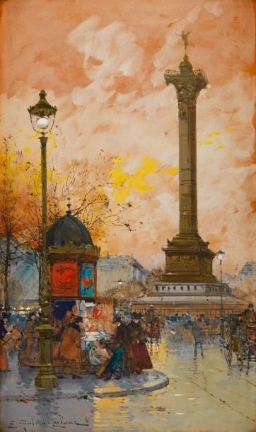 Eugène GALIEN-LALOUE (1854-1941) "Place de la Bastille au soleil couchant" Gouachesur...