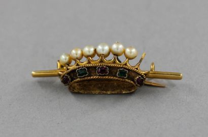 null Broche en or jaune 18 k en forme de couronne ornée de perles et pierres de couleur...