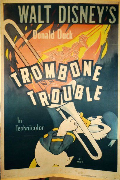 null DONALD DUCK Affiche en couleur entoilée représentant Donald jouant du trombonne...