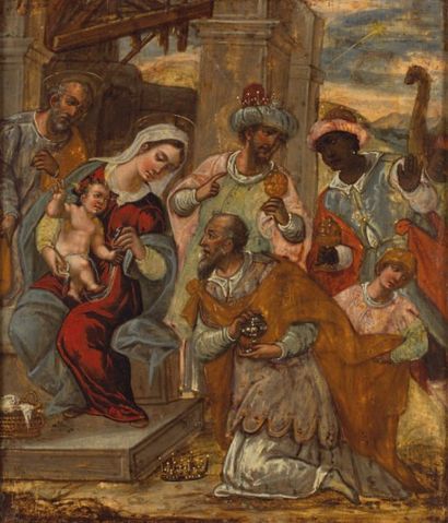 ECOLE VENETO DALMATE vers 1600 Adoration des rois mages Huile sur panneau (parquetage,...