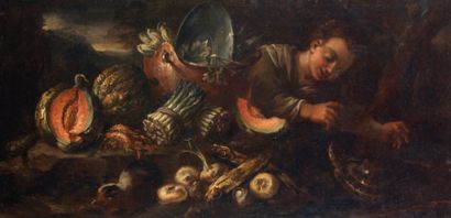 ECOLE ITALIENNE du premier tiers du XVIIIe siècle Nature morte aux melons, aux asperges,...