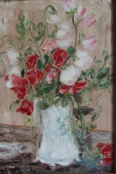 null M.DUBOILLE 

Bouquet de fleurs au vase blanc 

Huile sur toile signée en bas...