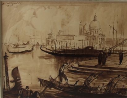 null André MAIRE (1898-1984) 

Gondoles à Venise 

Encre et lavis d'encre brune signée...