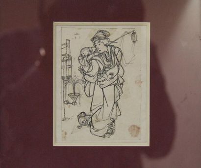 null Ensemble composé d’un dessin original de Kuniyoshi représentant une jeune femme...