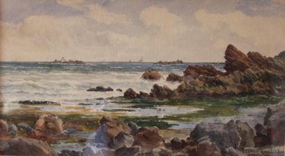 Gaston ROULLET (1847-1925) Bord de mer en Bretagne
Aquarelle signée en bas à droite...