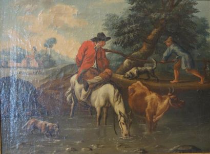 Ecole fin XVIIIème s. Homme à cheval, chien et paysan au bord d'une rivière
Hile...