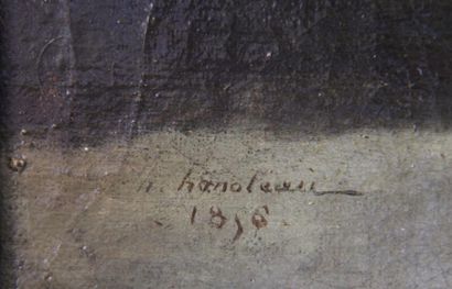 Hector HANOTEAU (1823-1890) Vaches et brebis s'abreuvant
Huile sur toile signée en...