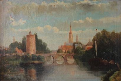 ECOLE DU XIXème s. Village hollandais avec un pont
Huile sur toile monogrammée en...