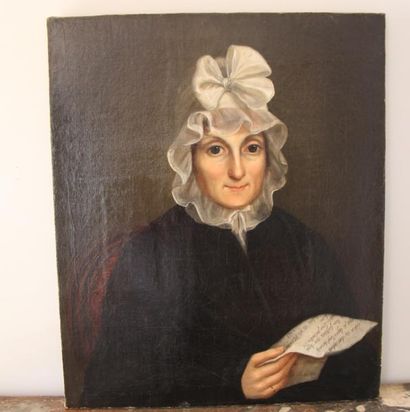 ECOLE DU XIXème s. Portrait de femme au bonnet blanc
Huile sur toile
64 x 54 cm.