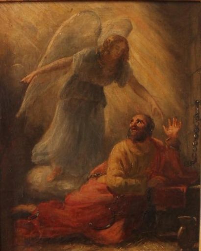 ECOLE DU XIXème s. Ange apparaissant à un apôtre en prison
Huile sur toile
28 x 22...