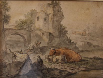 ECOLE FRANCAISE du XIXème s. Couple de bergers, vache dans les ruines
Aquarelle
13...