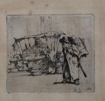 Auguste BROUET (1872-1940) Mendiant et charrette
Gravure, monogrammée en bas à droite
10x11...