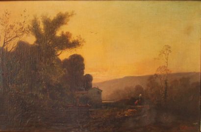 Paul DUCREST Paysage animé au coucher de soleil
Huile sur toile signée en bas à droite
36...