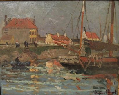 Eugène CHIGOT (1860-1923) Port de Gravelines
Huile sur panneau signée en bas à droite
32,5...