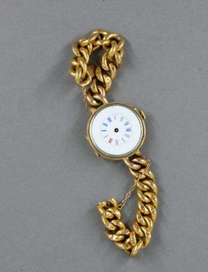 null Bracelet-montre en or jaune 18k à maillons creux, pds brut : 24 g. (accidents,...
