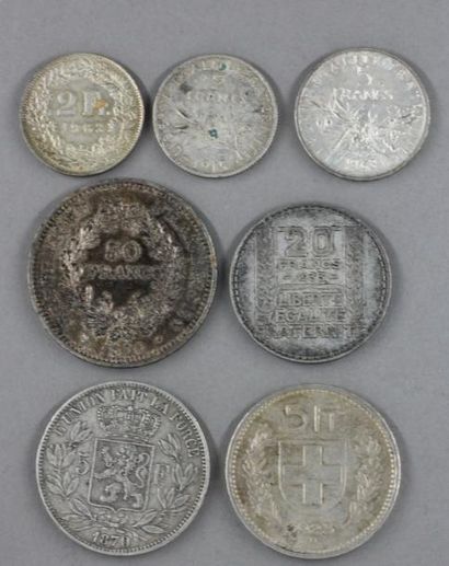 null Lot de pièces en argent : 1 pièce de 50 FF Hercule, 1 pièce de 5 F Belge 1870,...
