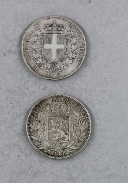 null Deux pièces en argent : pièce de 5 FF belge 1868 et pièce de 5 Lire 1877
