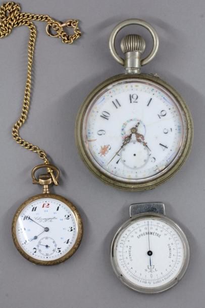 null Lot en métal :

- un sphéromètre

- un chronomètre avec sa chaine de montre

-...