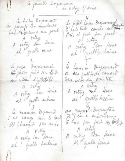 ROBERT DESNOS «La Famille Dupanard de Vitry-sur Seine». Deux pages autographes. Poème...