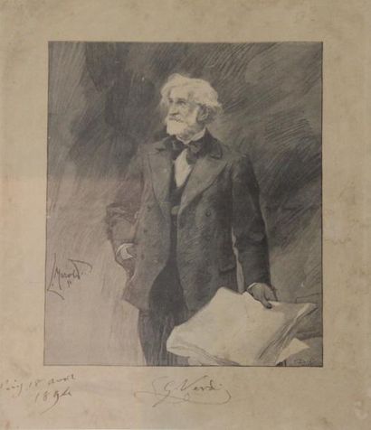 GIUSEPPE VERDI Portrait dédicacé. "Paris, 18 avril 1894. G. Verdi". Gravure de Marold...