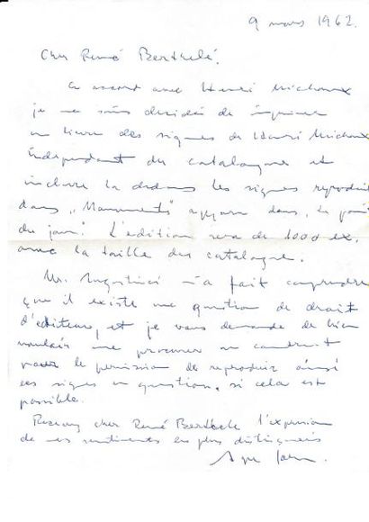 Asger Jorn à René Bertelé Lettre autographe signée, 9 mars 1962. À propos de l'exposition...