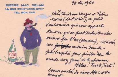 Pierre MAC ORLAN • Carte lettre à Christiane Verger et Fabien Loris. 24/11/57: «depuis...