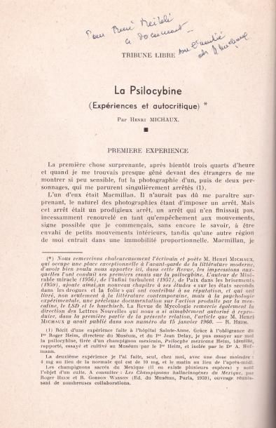 HENRI MICHAUX La Psilocybine. Tiré à part de la Revue de Mycologie.
Édition originale...